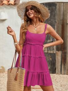 Breezaya Women's Solid Color Multi-Layer Frill Trimmed Spaghetti Strap Short Dress For Vacation - Hot Pink - View 4