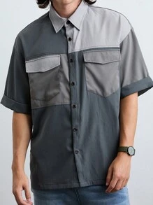 Manfinity VCAY Chemise tissée à patchwork à manches courtes, à la mode, décontractée et quotidienne pour jeunes hommes - Gris - Voir 3