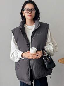 FRIFUL Giacca smanicata imbottita da donna con colletto alto, ricamo a lettera, vestibilità ampia e casual, con cordoncino in vita e orlo con coulisse