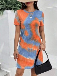 INAWLY Plus Size Round Neck Short Sleeve Tie-Dye Short Dress