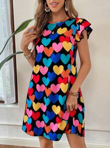 SHEIN Essnce Women Colorful Heart All-Over Printed Dresses Print Floral Decorated Dress Mother Day Outfit Summer Clothes Casual Summer Dress Teacher Dress