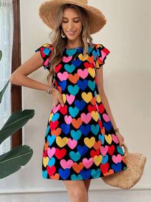 SHEIN Essnce Women Colorful Heart All-Over Printed Dresses Print Floral Decorated Dress Mother Day Outfit Summer Clothes Casual Summer Dress Teacher Dress