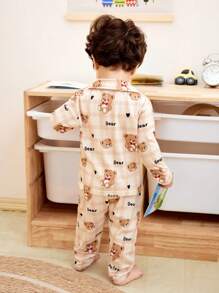 Baby/Toddler Boys' Casual 2pcs Set - Brown Plaid Heart & Letter Bear Print Long Pants, Long Sleeve Cardigan, Loungewear - Multicolor - View 2
