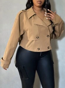 SHEIN SXY Plus Size Women's Double-Breasted Windproof Short Coat With Button Decorations - Khaki - View 4