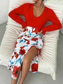 Zolique Damen Langarm-Kleid mit Farbblockdesign, Blumenprint, tief ausgeschnittenem V-Ausschnitt, schlanker Passform und langem Schlitz für den Herbst