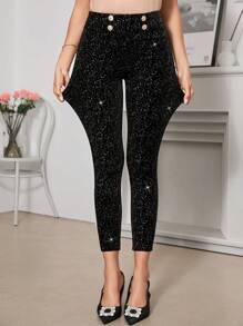SHEIN Clasi Pantalones ajustados con detalles de botones y cintura alta para uso diario - Negro - Ver 6