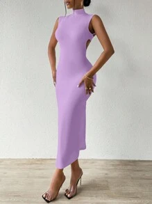 VaVaBold Solid Color High Neck Sleeveless Backless Dresses For Women