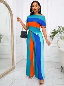 SHEIN Lady 彩虹条纹露肩短袖上衣和裤子套装，日常休闲装两件套教师服女装复古衣服 - 彩色 - 查看 6