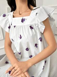 Mulvari Floral Print Square Neck Butterfly Sleeve Dress - Purple - View 2