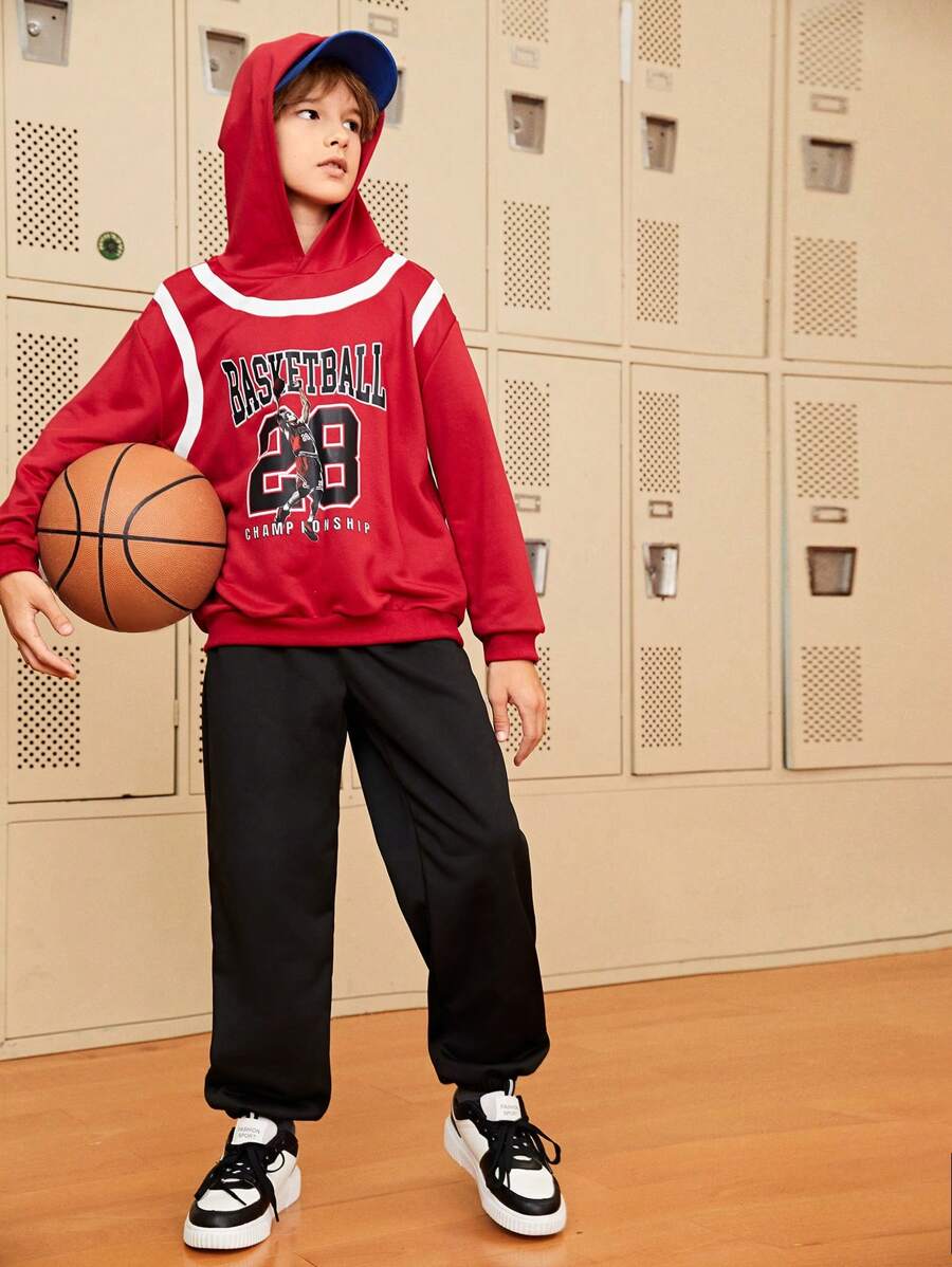 SHEIN 2pcs/Set Teen Boys' Casual Hoodie And Sweatpants Outfit, Printed Basketball Design - Red - View 1