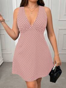 Celure Plus Polka Dot Print Plunging Neck Dress For Summer - Multicolor - View 5