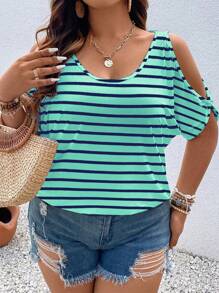 Franclia Camiseta holgada de manga corta y hombros abiertos a rayas para mujer de talla grande, camisetas gráficas de verano para mujeres, Día de San Patricio