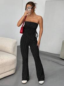 SHEIN EZwear 女士夏季休闲黑色条纹抽绳不对称下摆抹胸和喇叭裤套装 - 黑與白 - 查看 6