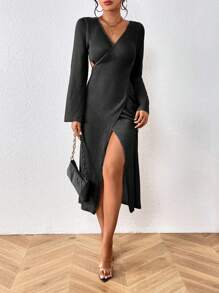 SHEIN Swim 女式 V 领长袖露背吊带高开衩性感优雅舒适罩衫夏季 - 黑色 - 查看 4