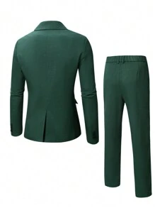 Manfinity Mode Solid Color Front Button Long Sleeve Jacket And Pocketed Long Pants Suit