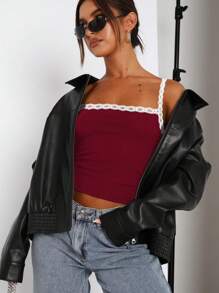 INAWLY Contrast Lace Cami Top For Summer - Burgundy - View 4