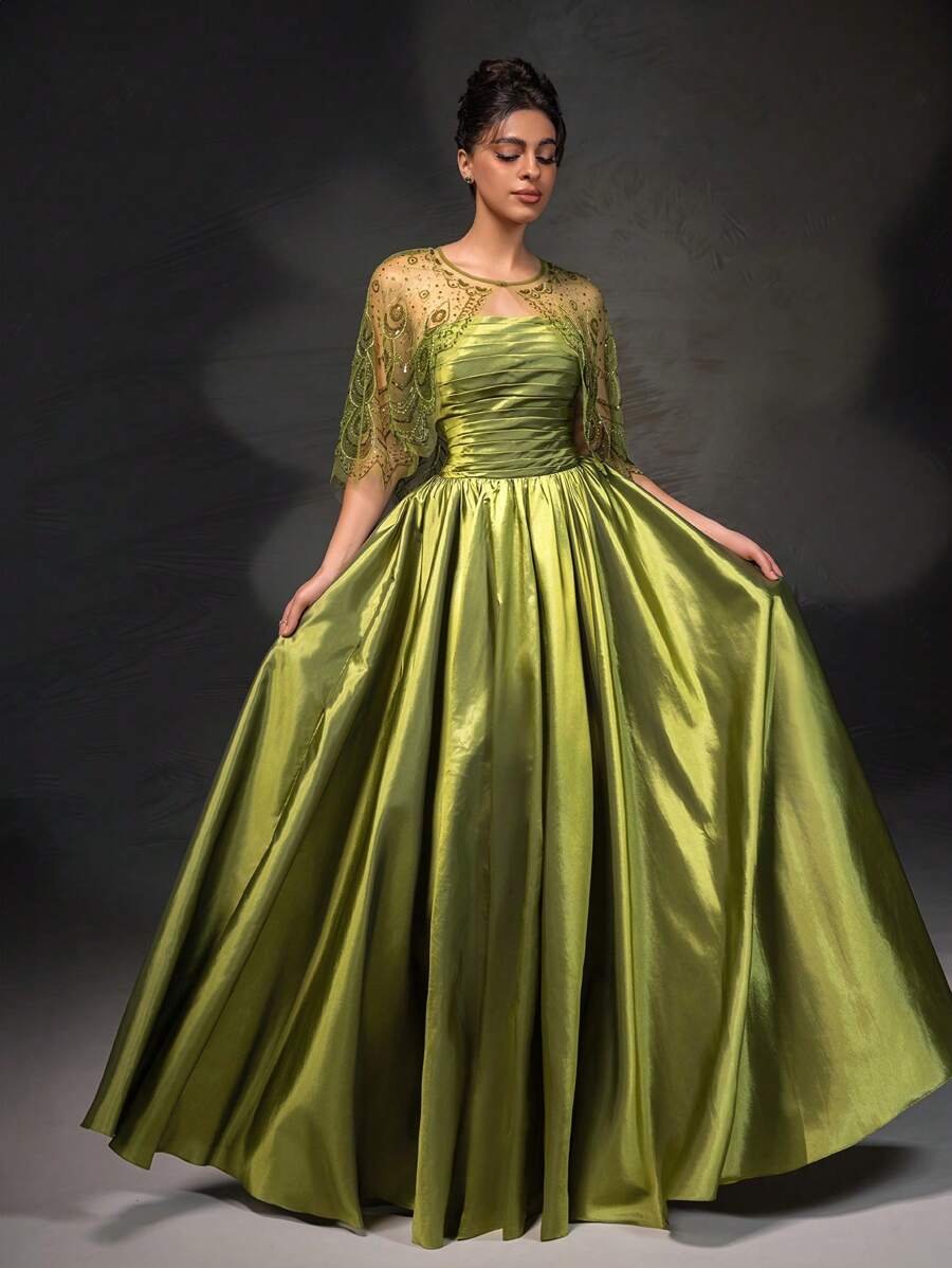 Novo conjunto de vestido elegante e vestido longo com xale de renda verde-oliva - Verde Oliva - Visão 1