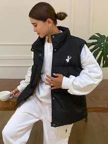 DAZY Women's Embroidered Collar Loose Warm Sleeveless Padded Coat Vest, Winter, Winter Women Clothes, Padded Coat Women Jacket - Black - View 6