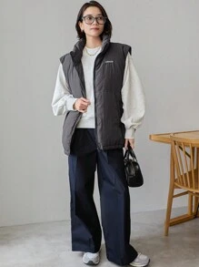 FRIFUL Giacca smanicata imbottita da donna con colletto alto, ricamo a lettera, vestibilità ampia e casual, con cordoncino in vita e orlo con coulisse