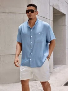 Manfinity Homme Men's Plus Size Blue Button Up Shirt Set, Buttoned Short-Sleeved Top With Pocket And Simple Style Sports Shorts