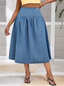 SHEIN VCAY Plus Size Loose Fit Denim Skirt With Side Split, Blue, For Casual & Vacation Wear - Medium Wash - View 1