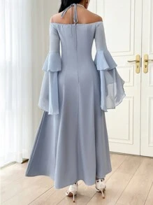 Modelyn Off Shoulder Flounce Sleeve Dress For Holiday Long Evening Dresses - Blue - View 4