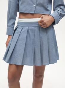 Maija Back To School Vải Oxford màu xanh được cắt xếp nếp theo phong cách Preppy thông thường - Màu xanh lam - Xem 5
