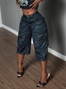 SHEIN Slayr 低腰迷彩七分直筒牛仔裤