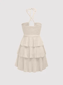 SHEIN Unity Hollow Out Pleated Cake Hem Dress With Back Neck Tie, Casual Vacation Style - Apricot - View 2