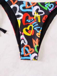 SHEIN Swim Women's Summer Beach Heart Printed Lace-Up Triangle Bikini Set - Multicolor - View 6