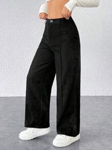 SHEIN PETITE Black Corduroy Women's Wide Leg Trousers - Black - View 6