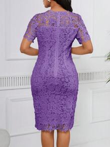 SHEIN Lady 婚礼宾客礼服女式圆领蕾丝边短袖拼色修身优雅连衣裙