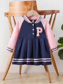 Baby Girl Letter Patched Striped Trim Long Sleeve Pleated Hem Dress - Navy Blue - View 1