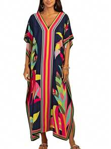 INAWLY Tropical Print Batwing Sleeve Split Hem Dress - Multicolor - View 4