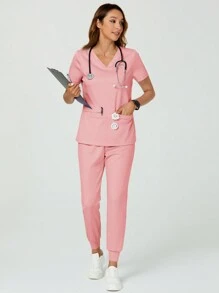 TaskEZ Bộ áo và quần ngắn tay cổ chữ V màu trơn có hai túi - Hồng - Xem 6