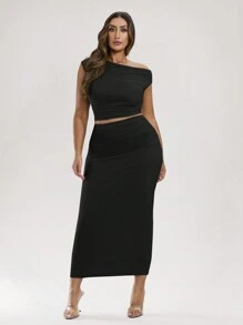 SHEIN BAE 大码女式夏季度假绿色不对称领褶弹力上衣和裙子套装大码两件套大码两件套大码裙子套装曲线两件套 - 黑色 - 查看 4