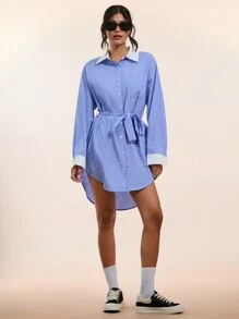 Forever 21 通勤衬衫裙 拼接领 - 藍色 - 查看 8