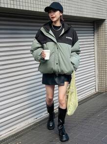 FRIFUL Áo khoác trùm đầu in chữ màu khối rộng rãi ấm áp thường ngày cho nữ mùa đông - màu xanh lá - Xem 2