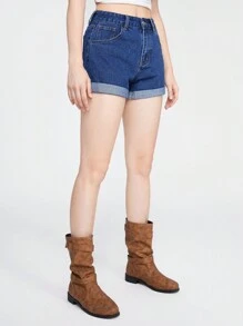 ROMWE Goth Snake Embroidery Roll Up Hem Denim Shorts - Blue - View 3