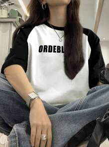 Camiseta de manga raglán de contraste de letra para mujer - Blanco - Ver 3