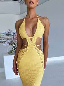 Women's Sexy Hollow-Out Backless Wool Slip Dress, Suitable For Party, Vacation, Beach, Spring/Summer - Yellow - View 3