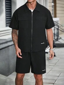 Manfinity Homme 男款大學風潮流純色襯衫配口袋和綁腰短褲套裝，2件裝 - 黑色 - 查看 5