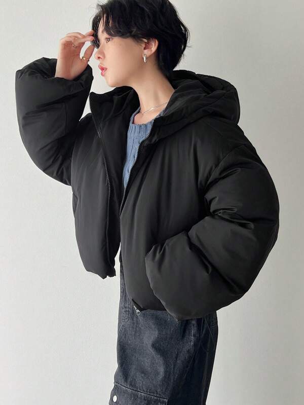 FRIFUL Women Short Hooded Solid Color Warm Casual Padded Coat