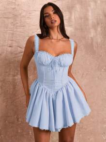 SHEIN BAE 女式褶饰细肩带背心式蕾丝拼接喇叭迷你连衣裙 - 淺藍色 - 查看 8