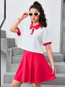 SHEIN Teen Girl Knitted Colorblock Turn-Down Collar Short Sleeve T-Shirt And Skirt Casual 2pcs/Set - Hot Pink - View 1