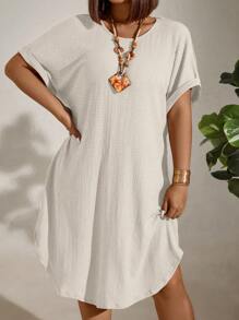 EMERY ROSE Plus Solid Batwing Sleeve Curved Hem Dress - Beige - View 3