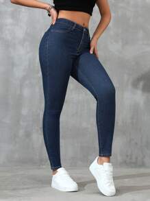 Jeanoix 實心斜口袋修身牛仔褲 - 中等水洗藍 - 查看 3