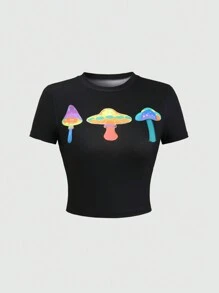 SHEIN Unity 黑色螢光菇紋短袖T恤，緊身合身版型，圓領設計 - 黑色 - 查看 3