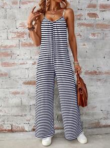 SHEIN LUNE 夏季女士褶邊領，條紋和花卉印花，舒適，休閒，假日，側口袋，無袖連身褲 - 彩色 - 查看 5