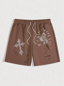 ROMWE MEN Street Life Men's Cross Print Distressed Vintage Casual Shorts
